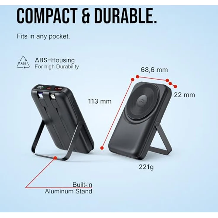 UMBRELLA Powerbank USB-C 10.000mAh, Magnetische Induktions-Powerbank mit 20W Wireless Charger, 22,5W QC, 20W PD Fast Charging und Aluminium-Handyständer – Bild 5