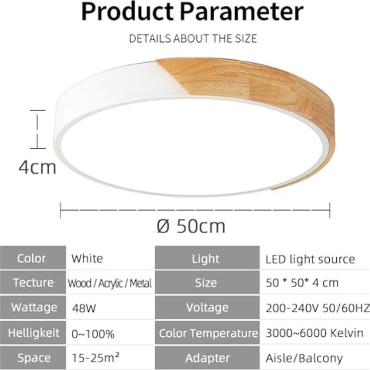 Style home 48W Deckenlampe LED Deckenleuchte Holz Runde Flach Leuchte, dimmbar mit Fernbedienung, Ø40x4cm - für Wohnzimmer Schlafzimmer Büro Küche Diele Flur, Warmweiß bis Kaltweiß – Bild 4