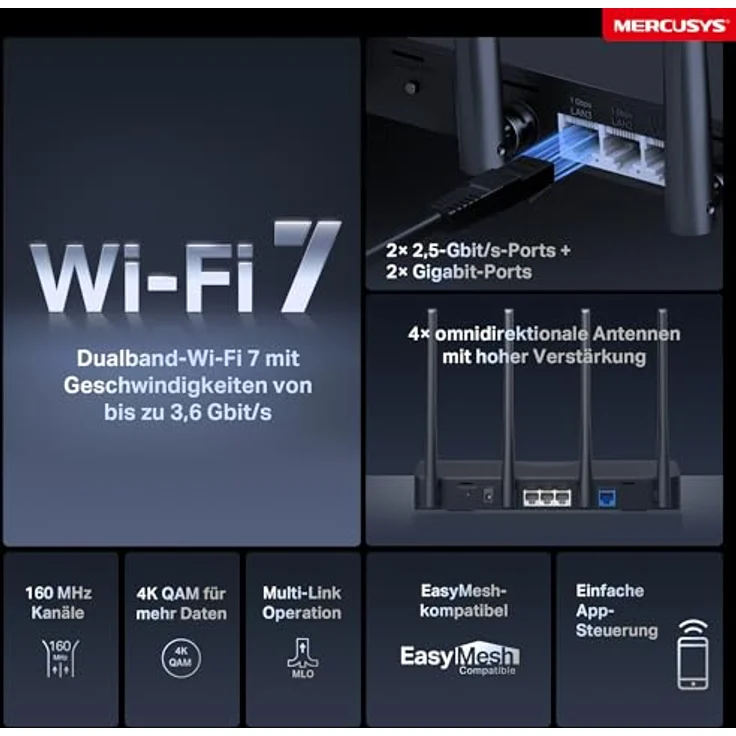 MERCUSYS MR27BE WLAN-Router, Tri-Band 3600 Mbps, 2.5 Gbit/s Ports, 4 Omnidirektionale Antennen, EasyMesh, Plug-and-Play, 4K-QAM – Bild 4