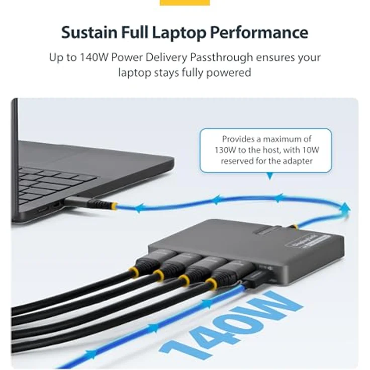 StarTech.com USB-C zu 4-Monitor Workstation Adapter, 4K 60Hz HDMI, 140W PD Passthrough, USB-A für Tastatur und Maus, TAA – Bild 4