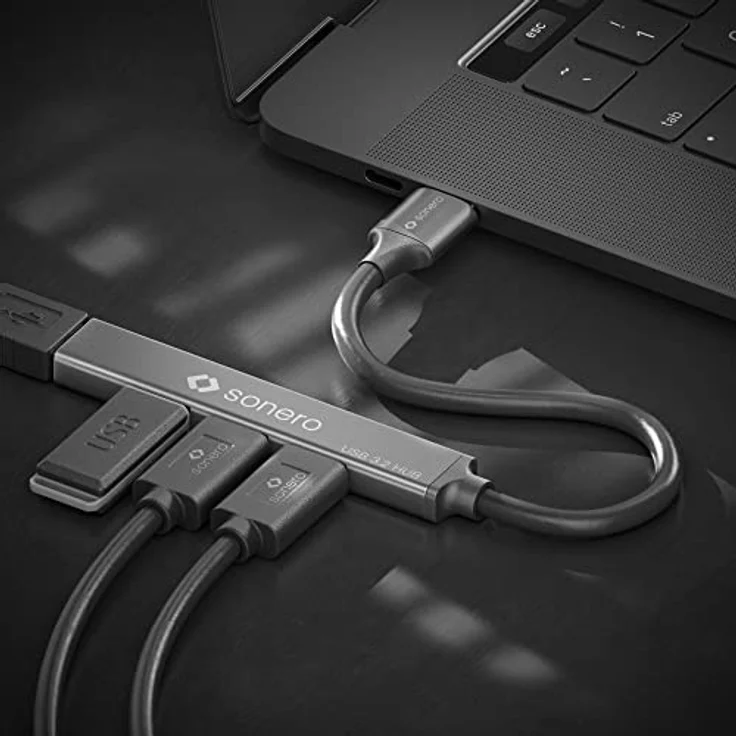 Sonero USB-Hub, USB-Verteiler, 4-Port, 1x USB 3.2 mit 5 GB/s, 3X USB 2.0 mit 480 MB/s, USB-A Stecker, Ultra Slim, Space Grey, 0,15m, S-UH100-001 – Bild 5