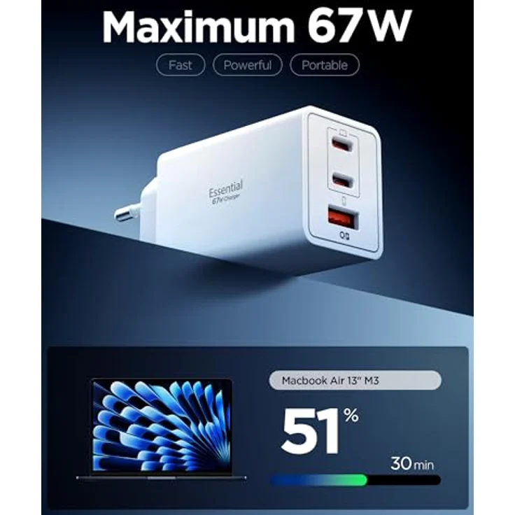 Spigen ArcStation Essential GaN 67W 3-Port USB-C & A Ladegerät, PPS Schnellladegerät mit PD 3.0 und Quantum-Boost-Technologie, Weiß – Bild 2