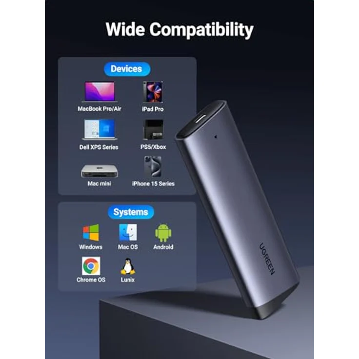 UGREEN NVME Gehäuse, M.2 NVME SSD Gehäuse USB 3.2 10 Gbps mit intelligentem Chip und exzellenter Wärmeableitung für PCIe M-Key/M+B Key bis 8 TB, inkl. USB CC Kabel – Bild 4