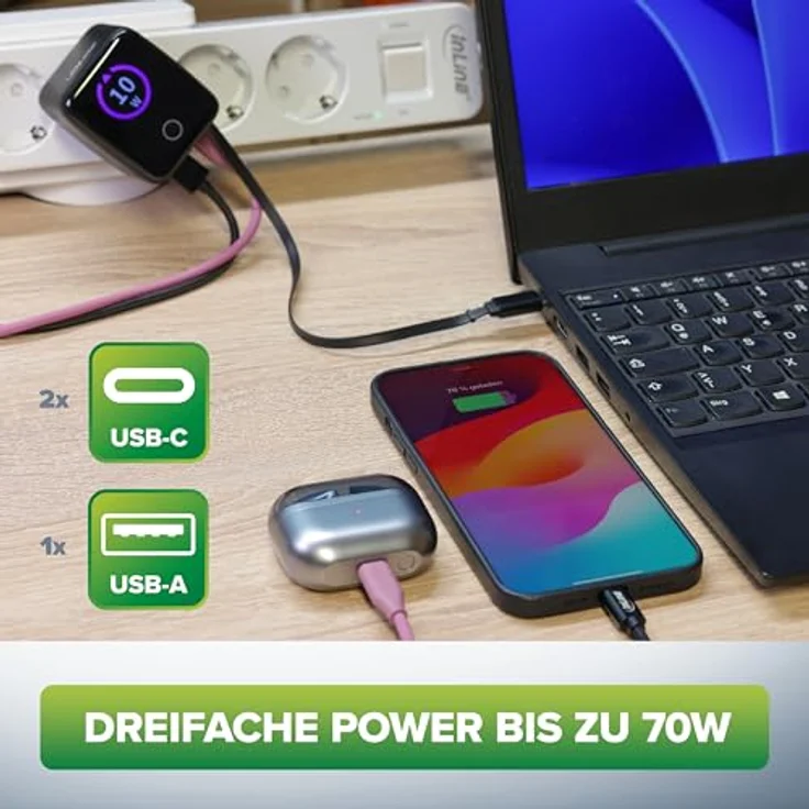 InLine USB C & USB A Ladegerät 70W, GaN Netzteil mit ausziehbarem Kabel, Display, Power Delivery & Quick Charge, schwarz, 31507R – Bild 4
