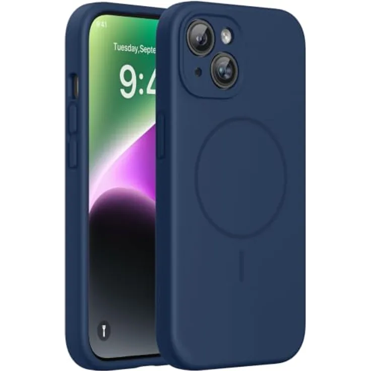 Miracase iPhone 14 Hülle mit MagSafe, Flüssigsilikon-Hülle mit weichem Mikrofaser-Innenfutter, kratzfest und stoßsicher, Dunkelblau