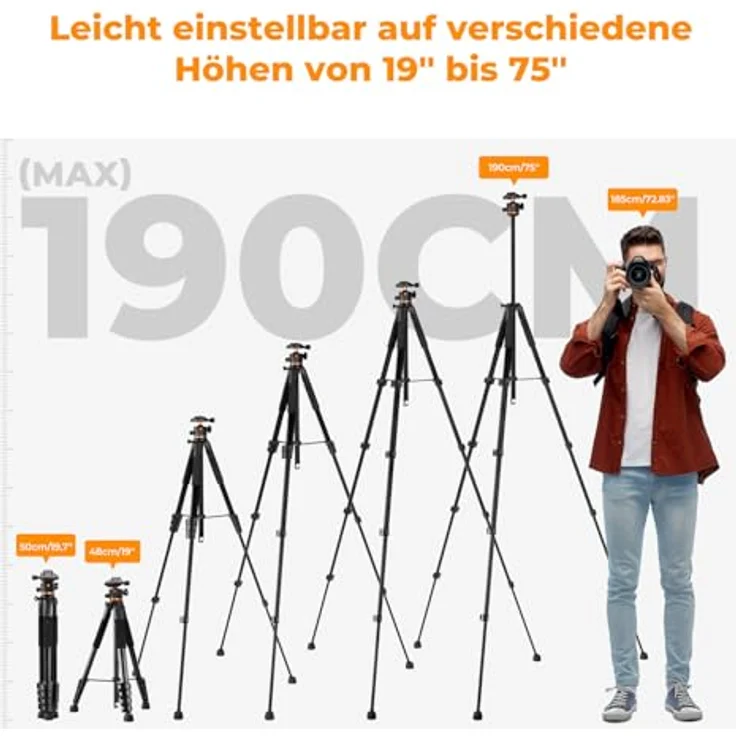 K&F CONCEPT Kamerastativ S255A3+BH-36, 190cm leichtes Reisestativ mit 360° Kugelkopf, Handy-Tablet-Halterung und 2 Schnellwechselplatten – Bild 5