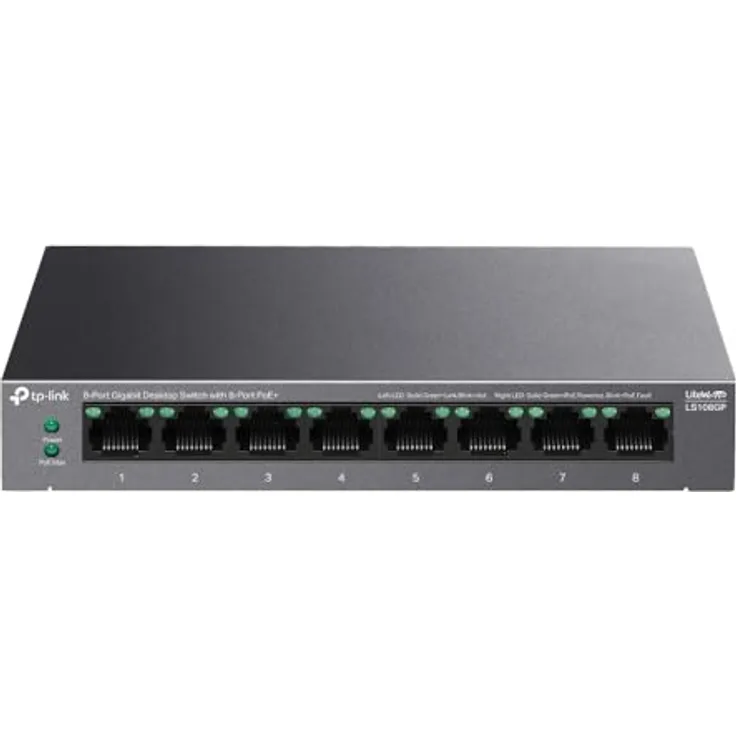 TP-Link 8-Port Gigabit Desktop Ethernet Switch mit 8-Port PoE+, 62W PoE Budget, PoE Auto Recovery, Plug & Play, Metallgehäuse, ideal für IP-Überwachung & Netzwerksicherheit (LS108GP)