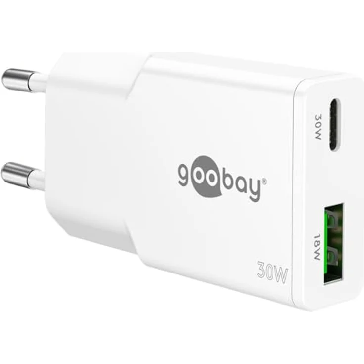 goobay USB-C Ladegerät 30W, Ultra Flaches GaN Netzteil mit Dual Port, Power Delivery & Quick Charge, Slim Ladeadapter für iPhone, Samsung Galaxy, iPad – Weiß – 75738 – Bild 1