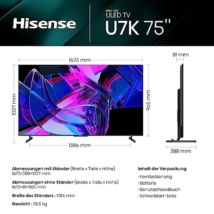 Hisense 75U7KQ 189cm (75 Zoll) Fernseher, 4K Mini LED ULED HDR Smart TV, Quantum Dot, 120Hz, HDMI 2.1, Game Mode Pro, Dolby Vision IQ & Atmos, Bluetooth, Alexa Built-in, Anthrazit [2023] – Bild 2