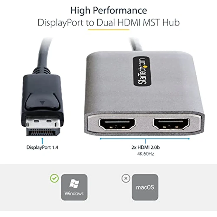 StarTech.com Displayport MST Hub auf Dual HDMI 4K 60Hz - DP 1.4 Multi Monitor Adapter/Multi Stream Transport Hub - 30cm Kabel - Zwei HDMI Monitore zu Displayport 1.4 anschließen (MST14DP122HD) – Bild 3