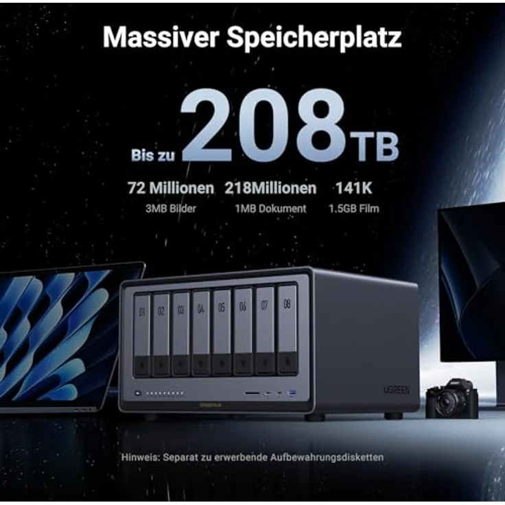 UGREEN NASync DXP8800 Plus 8-Bay Desktop NAS, Intel i5 1235u 10-Core CPU, 8GB DDR5 RAM, 128G SSD, 2 * 10GbE, 2*M.2 NVMe Steckplätze, 8K HDMI, 2*TBT4, Network Attached Storage (Diskless) – Bild 2