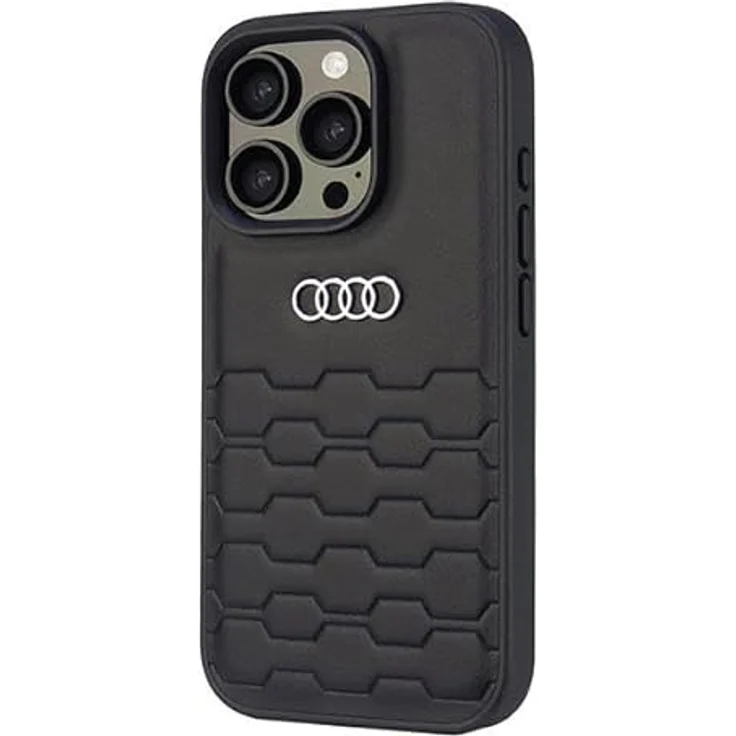 Audi Handyhülle iPhone 16 Pro, Kunstleder schwarz mit Metall Logo, 6,3 Zoll, Stoßfest, passgenau – Bild 3