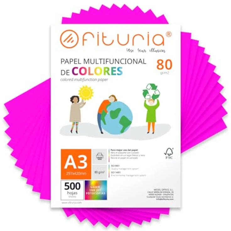 OFITURIA Buntes Papier A3 80g, 500 Blatt Neonrosa – Farbiges Bastel- und Druckerpapier für Scrapbooking und kreative Projekte – Bild 1