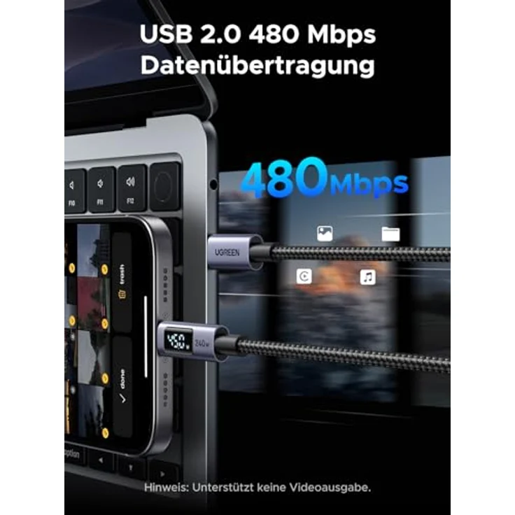 UGREEN 240W USB-C auf USB-C Kabel mit Digital Display, PD3.1 Schnellladekabel, 480 Mbps Datenübertragung, E-Marker Chip, kompatibel mit iPhone 17/16/15/14/13, Galaxy S25/S24, MacBook, iPad Pro (1M) – Bild 4
