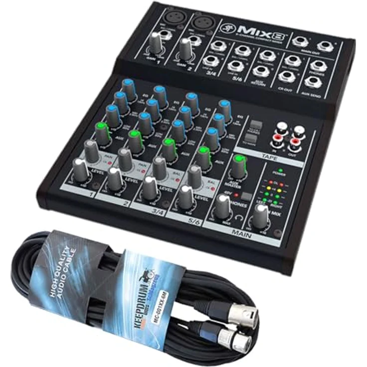 Mackie Mix8, kompakter 8-Kanal Analog-Mixer mit 3-Band EQ und keepdrum XLR-Kabel, schwarz – Bild 1