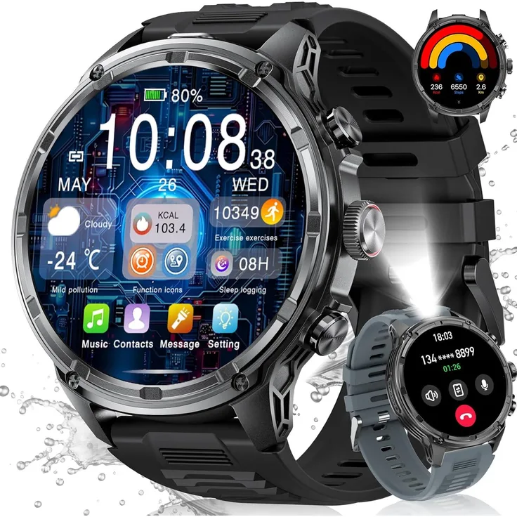LIGE Herren-Smartwatch LIGE mit LED-Taschenlampe, 1,85 Zoll HD-Display, 710 mAh Akku, Telefonfunktion & 100+ Sportmodi, Fitnessuhr für Android & iOS, IP68 wasserdicht