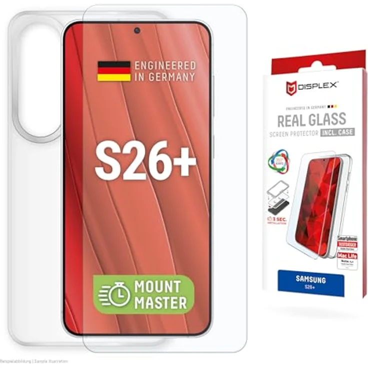 Displex Real Glass MountMaster für Samsung Galaxy S26+, 360° Displayschutz mit Easy-On Installation, inklusive transparentem Case, kratzfest, Ultra HD Klarheit – Bild 1