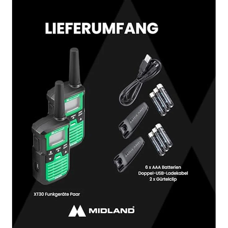 MIDLAND XT30 Pro Walkie Talkie, 16 PMR446-Kanäle, Reichweite bis zu 6 km, spritzwassergeschützt, Schwarz/Grün – Bild 9