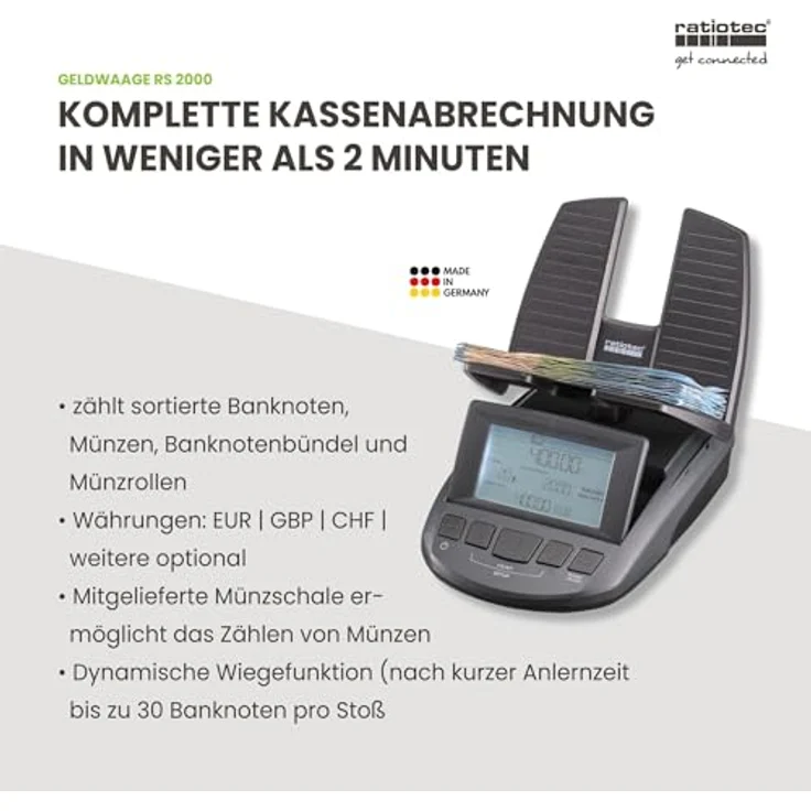 ratiotec RS 2000, Geldzählmaschine mit dynamischer Wiegefunktion für EUR | GBP | CHF, Made in Germany – Bild 4