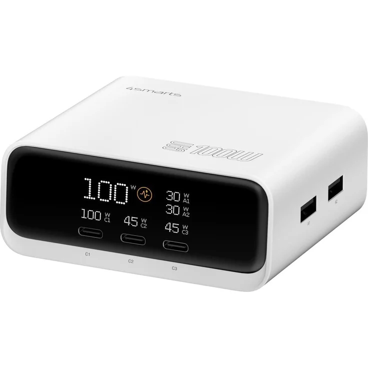 4smarts Desk Charger GaN Screen, 100W USB Ladegerät mit Echtzeit-Leistungsanzeige, 3x USB-C & 2x USB-A, Weiss