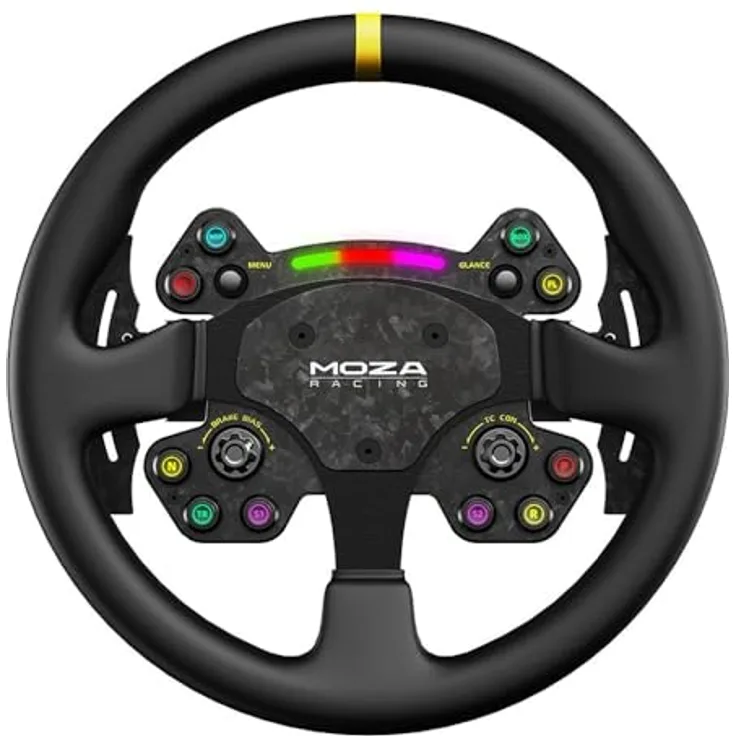 Moza Racing MOZA RS V2 Lenkrad, Rund - Leder (33 cm), originalgetreu im Racing-Look, integrierte Schaltanzeige, Schnellverschluss - Aluminium/Carbon