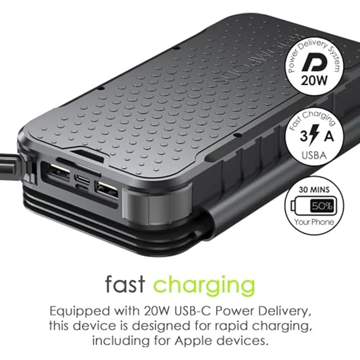 Boompods Neutron 16000mAh Faltbare Solar Powerbank - Tragbares Ladegerät mit Schnellladefunktion, Power Bank mit Solarpanel, 2x USB für Handy und Tablet, Camping-Taschenlampe, Schwarz – Bild 4