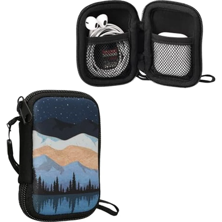 kwmobile In-Ear Kopfhörer Tasche, Neopren Cover Case im Design Sternenhimmel, wasserabweisend, Weiß/Hellbraun/Dunkelblau, kompatibel mit Airpods und weiteren Modellen – Bild 1