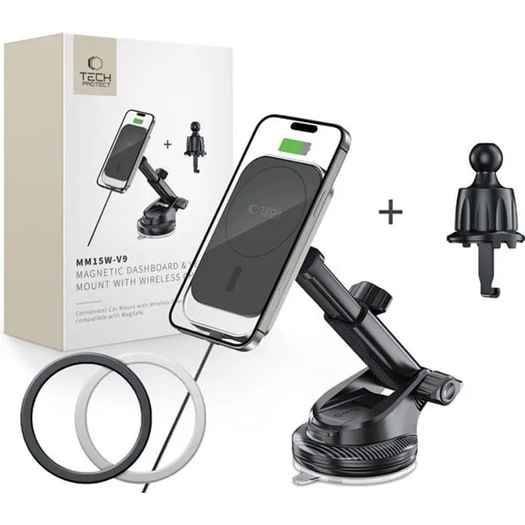 Tech-Protect MM15W-V9, Auto-Halterung mit MagSafe für Armaturenbrett und Lüftungsgitter, kabelloses Laden 15W, Schwarz