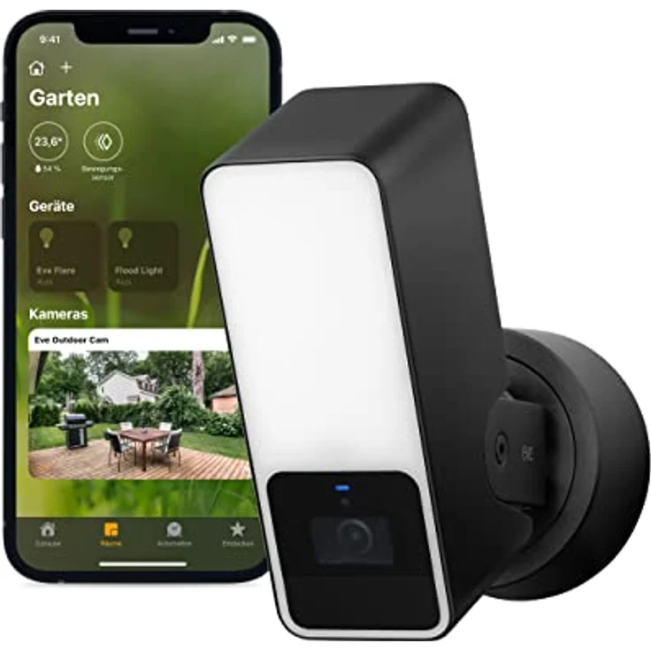 Eve Outdoor Cam – Smarte Überwachungskamera mit Flutlicht, Nachtsicht, Bewegungsmelder, Gegensprechanlage, flexible Installation, WLAN, höchster Datenschutz dank Apple HomeKit Secure Video – Bild 1