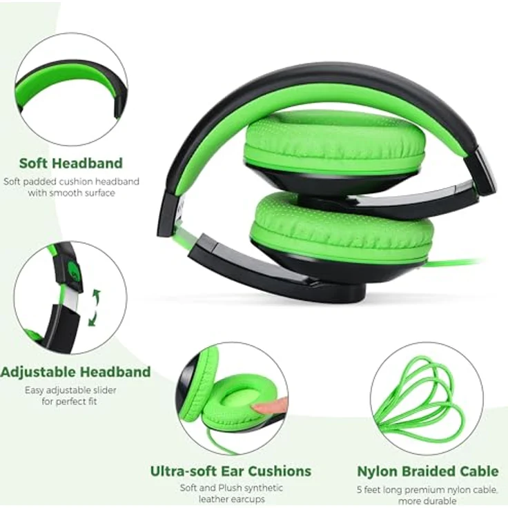 ROCKPAPA Comfort Kopfhörer On Ear Wired Headphones ohne Mikrofon für Kinder-Erwachsene, Cellphones Laptop Tablet PC Computer CD DVD MP3-4 Schwarz Grün – Bild 2