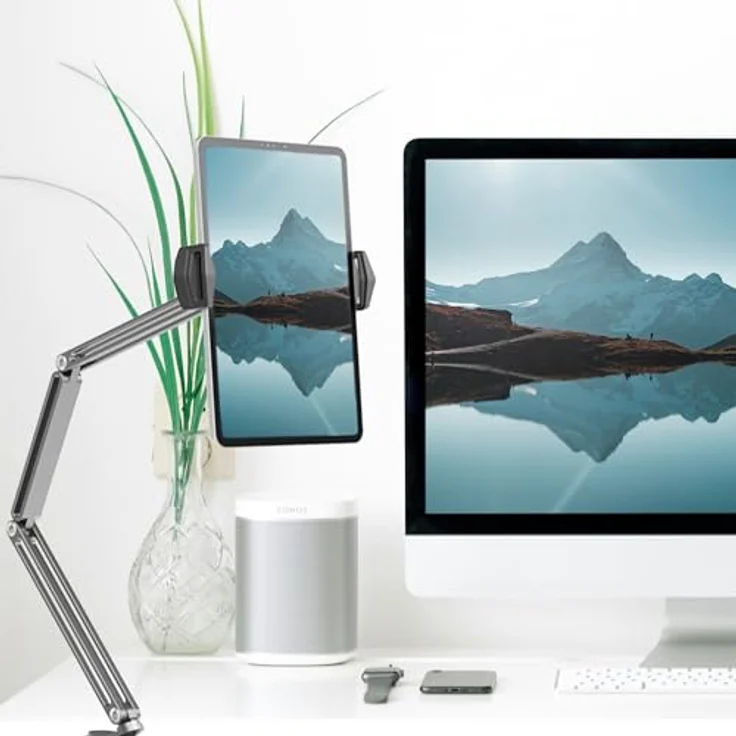 Desire2 Flex Arm Portable Tablet-Halterung, verstellbarer Aluminium-Tischständer für Tablets bis 12 Zoll, maximale Verlängerung 640 mm, robuste Klemme für Schreibtische bis 55 mm – Bild 2