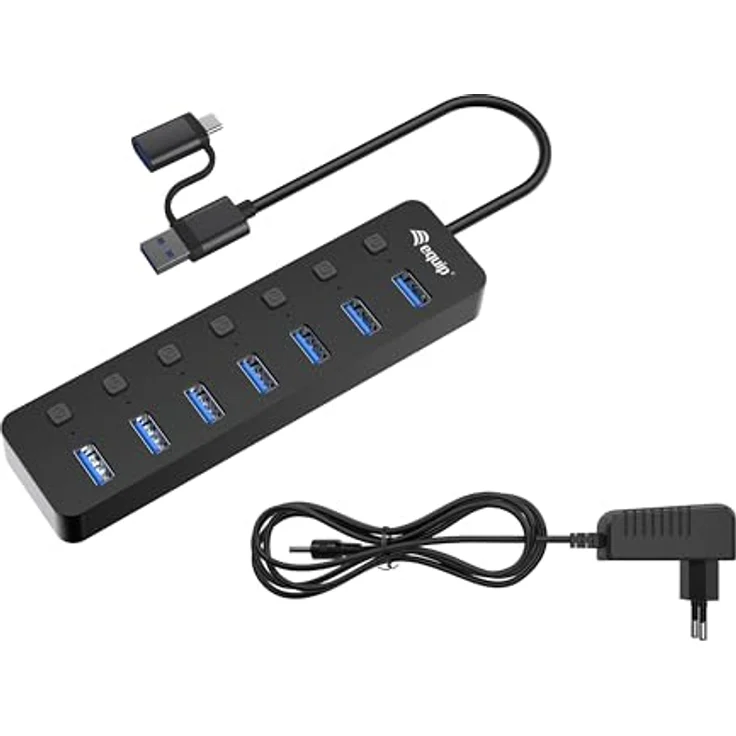 Equip 128965 7-Port USB 3.2 Gen 1 Hub mit Netzteil, Aluminiumlegierung + ABS, schwarz – Bild 2