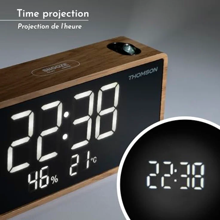 Thomson CP202T Radiowecker mit Projektor und USB-C-Ladeanschluss, doppelter Alarm, Temperatur- und Luftfeuchtigkeitsanzeige, FM-Radio, Holzdesign – Bild 3