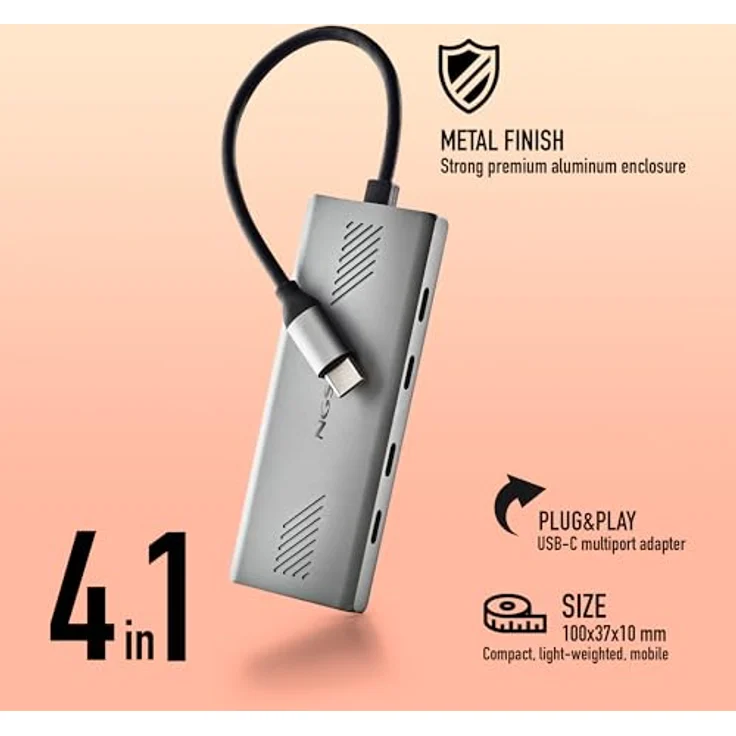 NGS Wonder4-C USB-C Multiport-Adapter 4-in-1 Hub mit 4 USB 3.0-Anschlüssen, 5 Gbit/s, Aluminiumgehäuse, 180 mm Kabel, tragbar – Bild 3