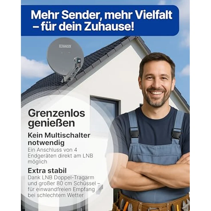 Schwaiger Satellitenanlage Set, Anthrazit Aluminium 75 cm, Quad LNB und Wetterbeständigkeit für optimalen Empfang – Bild 2
