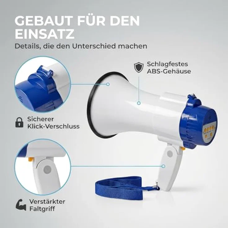 Nedis - Megafon - 25 W - 1500 m Reichweite - 130 dB - Abnehmbares Mikrofon - Enthaltenen Tragegurt - 8X D-LR20 Batterien - Weiß-Blau – Bild 4