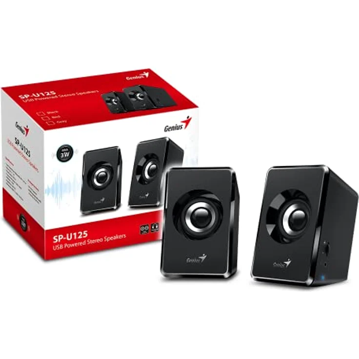Genius SP-U125 USB-betriebene Stereo-Lautsprecher mit 3,5-mm-Audio-Kopfhöreranschluss, Schwarz – Bild 4