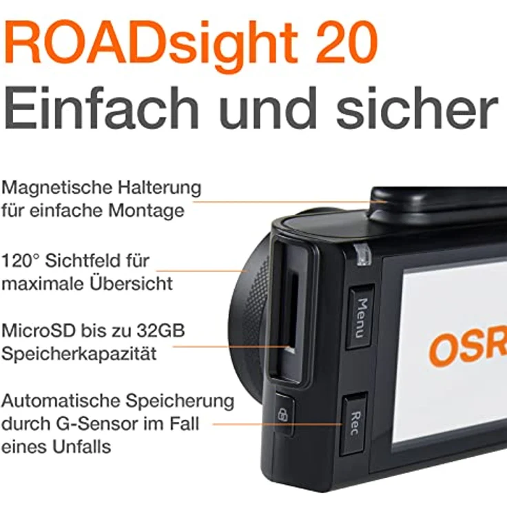 OSRAM ROADsight 30, Dashcam Frontkamera, Full HD 1080p, 30fps, 2 Zoll Display, 130° Weitwinkel, WLAN-fähig, App-fähig, G-Sensor, Parkmodus – Bild 4