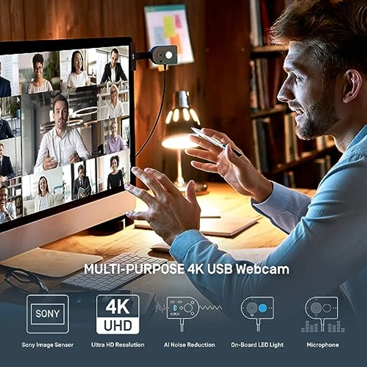 Ipevo MP-8M Webcam, UHD Kamera mit Halterung, Klammer und KI-Mikrofon, integriertes LED-Licht – Bild 2