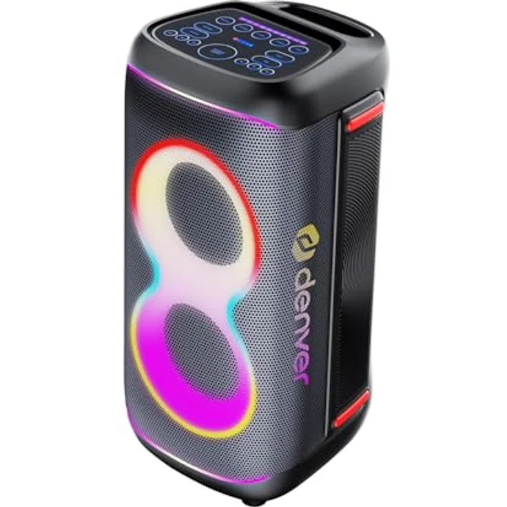 DENVER BPS-370, Bluetooth Lautsprecher mit 100 W RMS, synchronisierten LED-Effekten und IPX4 Spritzwasserschutz, tragbar mit Griff und Rollen – Bild 3