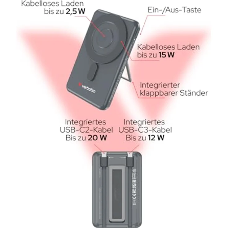 Verbatim Charge 'n' Go 2C Powerbank, 5000mAh, kabelloses Laden mit Ständer, grau – Bild 5