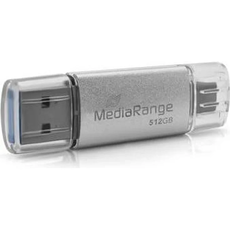 MediaRange Combo-Stick 512 GB, USB-A, Silber, robuster USB-Stick mit Aluminiumgehäuse und zwei Anschlüssen