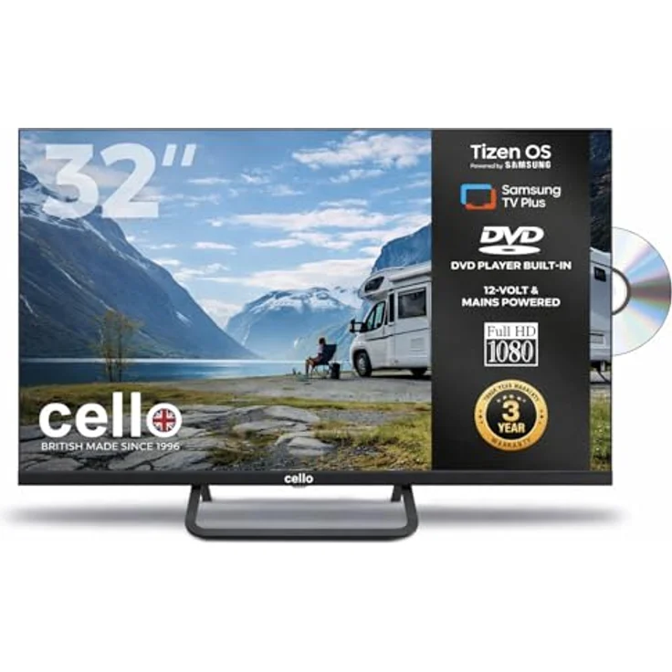 Cello CTrav 32TZF, 32 Zoll Smart Camping LED TV mit DVD Player, Tizen OS, Triple Tuner, 12V/24V/230V Multispannung für Wohnmobil & Wohnwagen – Bild 1