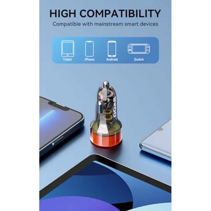 Bwoo 38W Auto Ladegerät, USB-C + USB-A mit Schnellladung und transparentem Design, kompakt – Bild 9