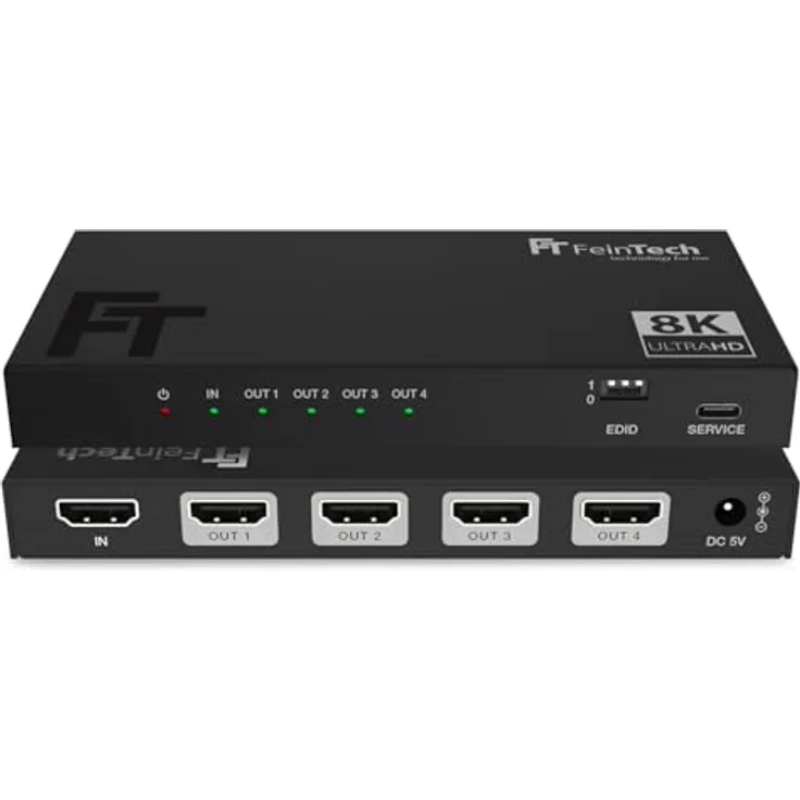 FeinTech SP410 HDMI 2.1 Splitter 1 In 4 Out 4K 120Hz 8K VRR ALLM, HDMI Verteiler mit Downscaler für 4 Monitore gleichzeitig, HDMI CEC-Pass, kompatibel zu HDCP 2.3, HDR, Dolby Vision