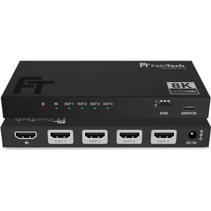 FeinTech SP410 HDMI 2.1 Splitter 1 In 4 Out 4K 120Hz 8K VRR ALLM, HDMI Verteiler mit Downscaler für 4 Monitore gleichzeitig, HDMI CEC-Pass, kompatibel zu HDCP 2.3, HDR, Dolby Vision – Bild 1