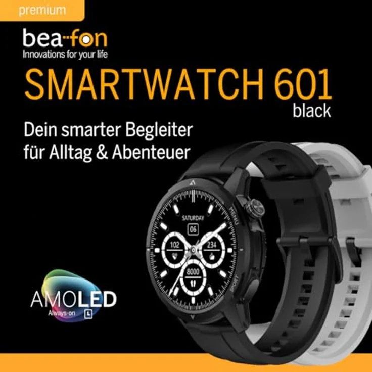 Beafon Smartwatch 601, 1,43“ AMOLED Display, IP68, 5ATM, GPS, Kompass, Sportmodus, Herzfrequenz, Blutsauerstoff, Bluetooth Anrufe, orange Armband im Lieferumfang – Bild 4