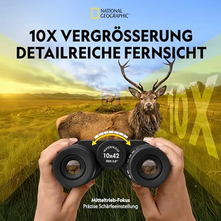 National Geographic Fernglas 10x42 Dachkant, Schwarz, mit 10-facher Vergrößerung und hochwertigen Glaselementen, stabiler Trageriemen und Tasche – Bild 5