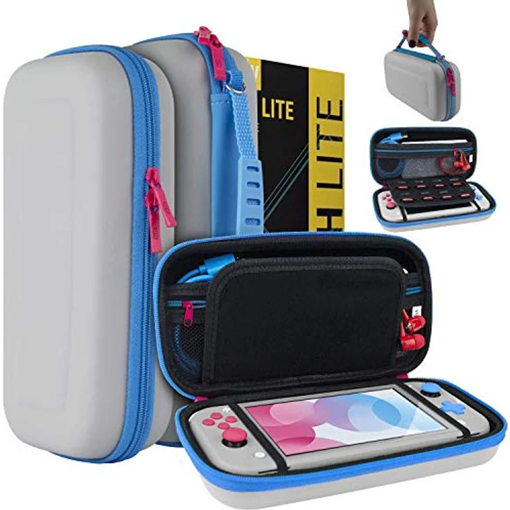 Orzly Case für Nintendo Switch Lite, Tragetasche mit zusätzlichem Speicher für Spiele und Zubehör, Grau/Blau mit Pinktönen (Sonderausgabe) – Bild 1