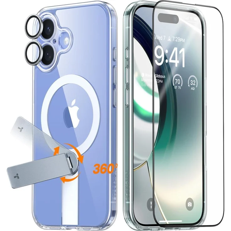 Torras Pstand Spin 3 in 1 Set, Smartphone Schutzfolie für Apple iPhone 16, Transparent mit robustem Schutz und klarem Display